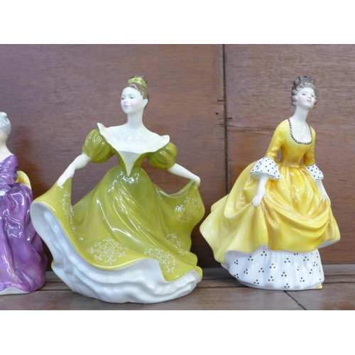 604 - A Royal Doulton figure group, The Love Letter, and three Royal Doulton figures, Charlotte, Lynne and... 