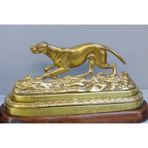 626 - A pair of Victorian brass gun dogs on mahogany bases with traces of original gilding, 21cm