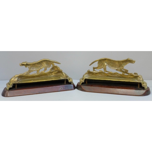 626 - A pair of Victorian brass gun dogs on mahogany bases with traces of original gilding, 21cm