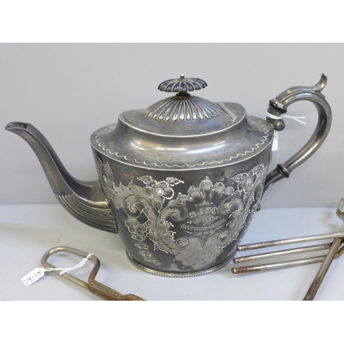 641 - A pewter tea pot with inscription, BJCC (Burton Joyce Cricket Club) Batting Prize 1904, with a colle... 