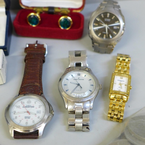 655 - Wristwatches; Citizen Eco Drive, a lady's Raymond Weil, Seiko, others and a collection of cufflinks ... 