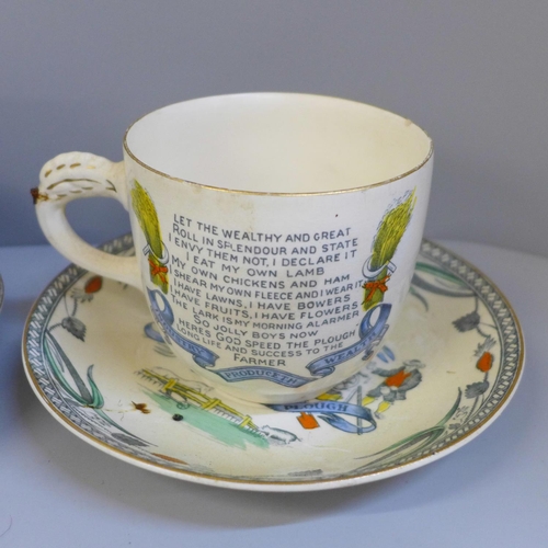 672 - Two Royal Worcester blue and white jugs, one a/f, a God Speed The Plough cup and saucer, chip to rim... 