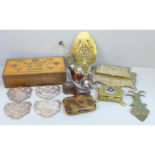 678 - A wooden shoe snuff box, brass stamp holder, etc.