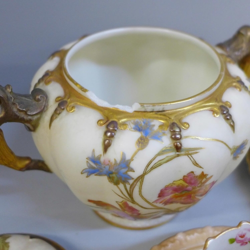 684 - A collection of Royal Worcester porcelain including cups and saucers, trios, sugar pot, pin dishes