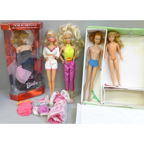 685 - Vintage Mattel Barbie/Midge/Skipper dolls, case and Special Edition Reproduction Barbie (boxed)