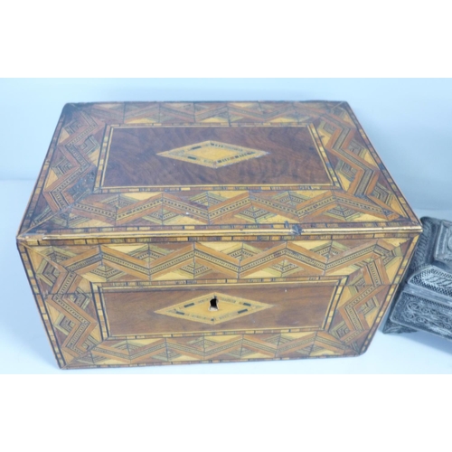 769 - A marquetry workbox box, a/f and a filigree box marked Albania