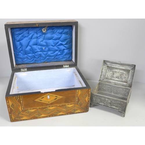 769 - A marquetry workbox box, a/f and a filigree box marked Albania