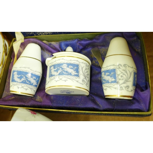 771 - A collection of teaware and a Coalport Revelry condiment set, boxed