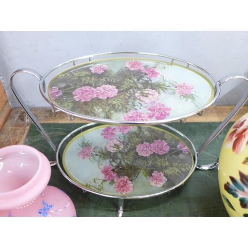 779A - Opalene vases and biscuit barrels together with glass plate, two tier cake stand, etc. **PLEASE NOTE... 