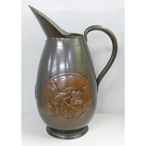 785 - A circa 1900 large copper jug with coat of arms and tavern scene, 47cm