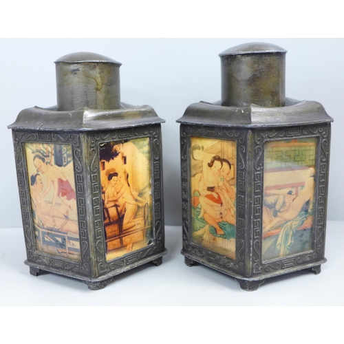 787 - Two Chinese tea caddies decorated with erotic panels