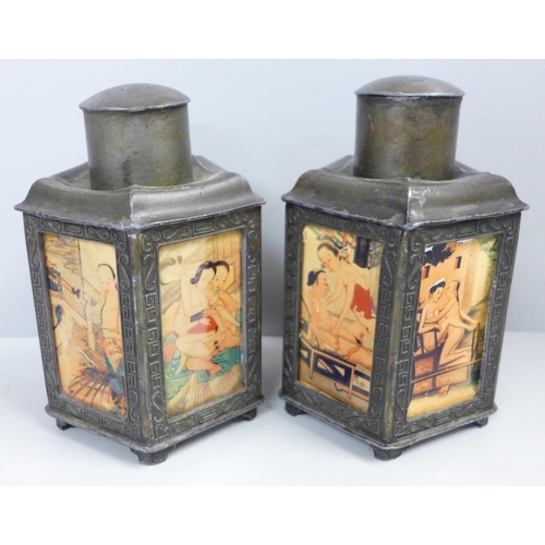 787 - Two Chinese tea caddies decorated with erotic panels