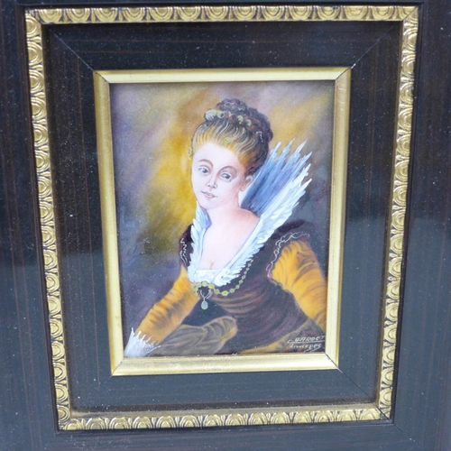 789 - A Limoges enamel plaque of a lady together with an early Victorian silk picture