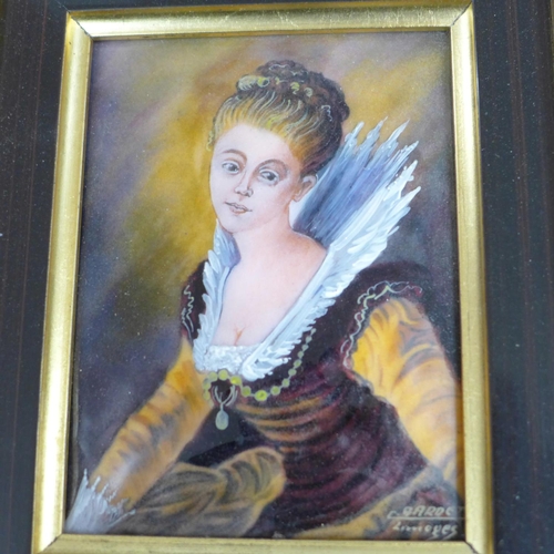 789 - A Limoges enamel plaque of a lady together with an early Victorian silk picture