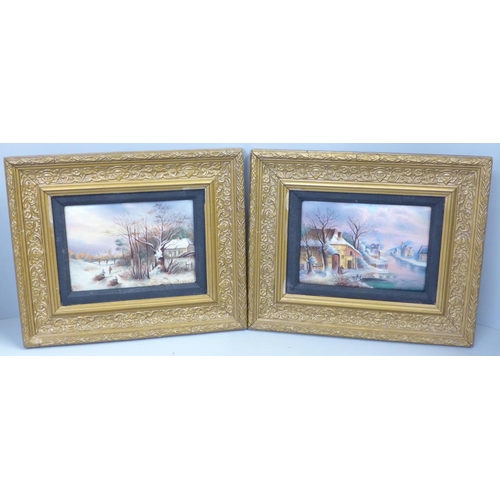 790 - A pair of hand painted porcelain plaques in gilt frames