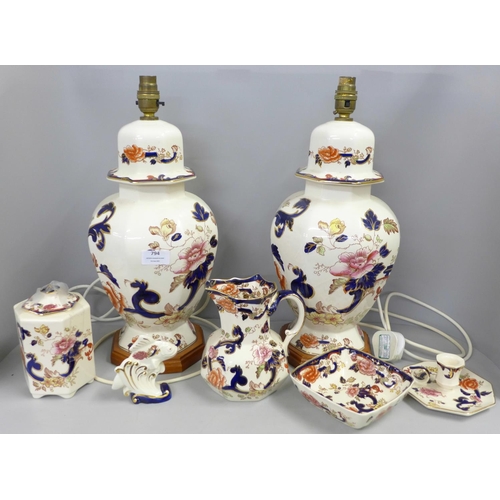 794 - A collection of Mason's Mandalay china including two lamp bases