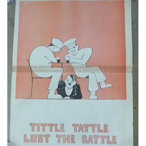 796 - A WWII Adolf Hitler cartoon poster, 'Tittle Tattle Lost The Battle' by G Lacoste (sticky tape to the... 