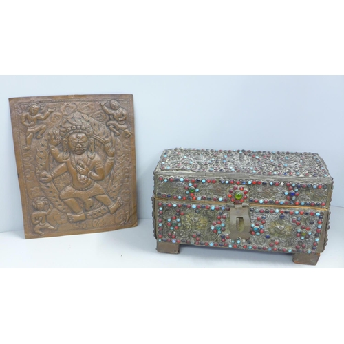 798 - An Indian stone set casket and Indian copper plaque