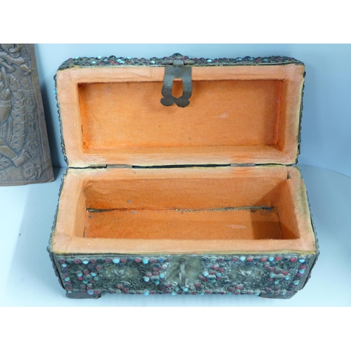 798 - An Indian stone set casket and Indian copper plaque