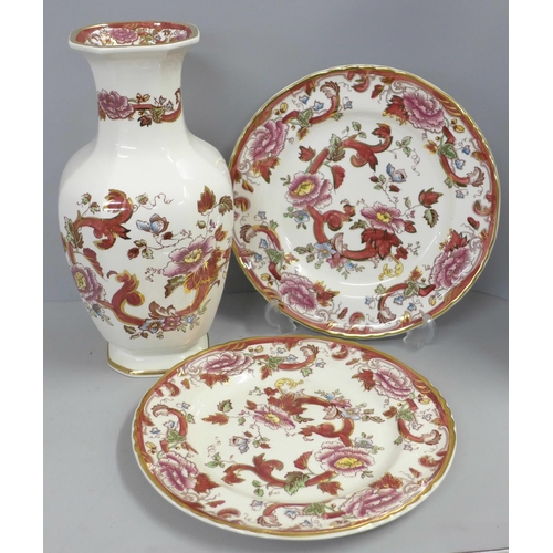 799 - A Mason's Red Mandalay vase and a pair of plates