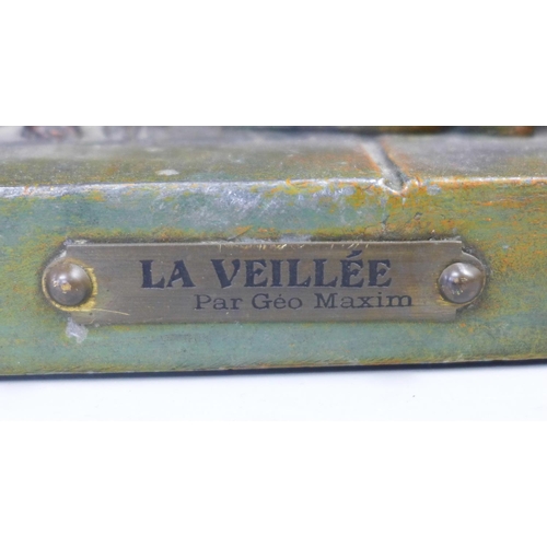 802 - A French diorama lamp, signed La Veillee, Par Geo Maxim