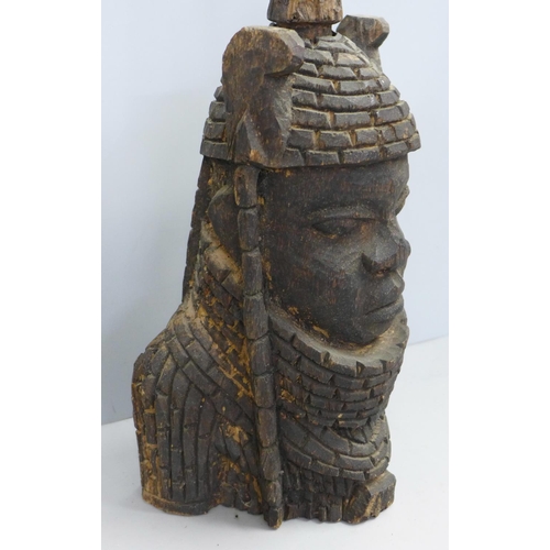 805 - An Oba Benin West African carved wooden bust, 30cm