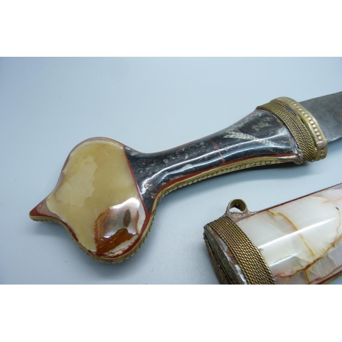 815 - An Eastern knife with hardstone set handle and scabbard, knife without scabbard 34cm