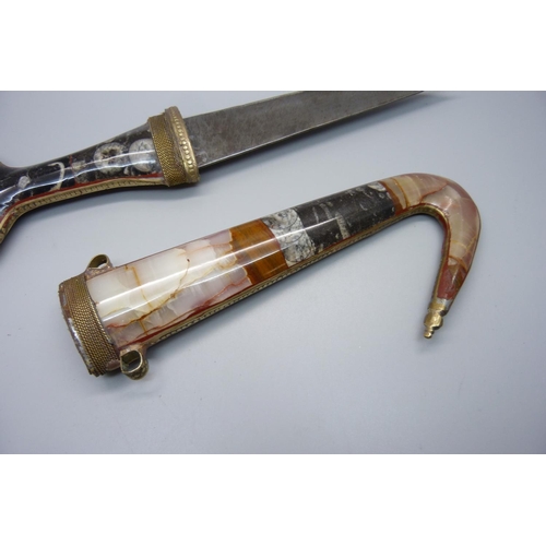 815 - An Eastern knife with hardstone set handle and scabbard, knife without scabbard 34cm