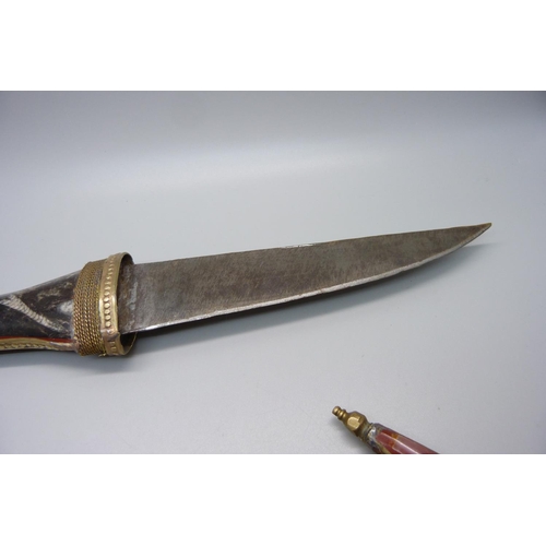 815 - An Eastern knife with hardstone set handle and scabbard, knife without scabbard 34cm