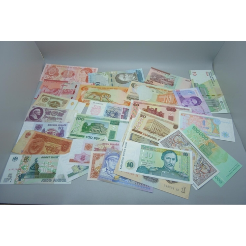 856 - Approximately 100 world bank notes including a novelty US note