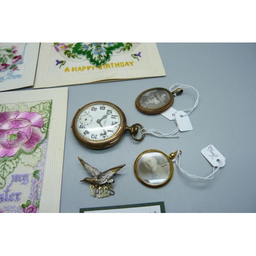 866 - A Thomas Russell pocket watch, two picture pendants including one 9ct gold with images of soldiers, ... 