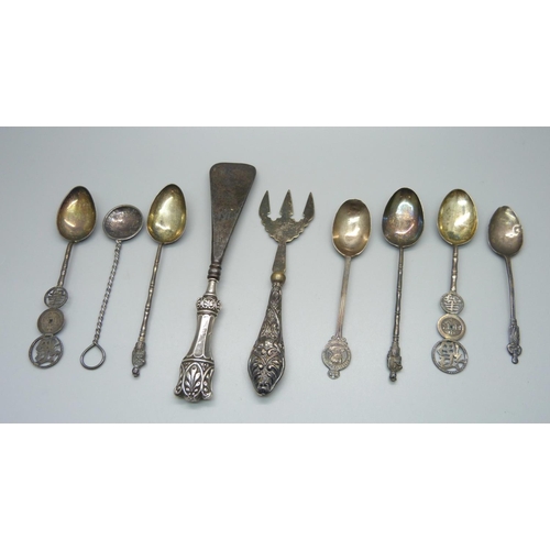 872 - Two hallmarked silver spoons and five white metal spoons, etc., spoons 77g