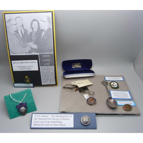 875 - A 9ct gold Royal British Legion badge award to Harold Gamble, other British Legion badges and W.I. b... 