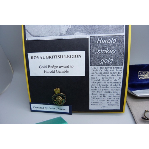 875 - A 9ct gold Royal British Legion badge award to Harold Gamble, other British Legion badges and W.I. b... 