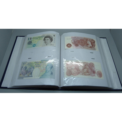 892 - An album of British bank notes, £1, 10 shillings, etc., (English, Scottish, Falkland Islands, Gibral... 