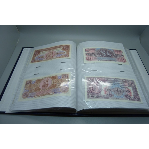 892 - An album of British bank notes, £1, 10 shillings, etc., (English, Scottish, Falkland Islands, Gibral... 