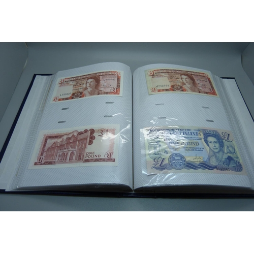 892 - An album of British bank notes, £1, 10 shillings, etc., (English, Scottish, Falkland Islands, Gibral... 