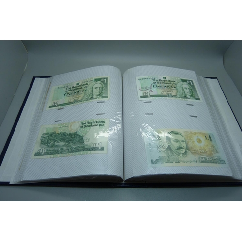 892 - An album of British bank notes, £1, 10 shillings, etc., (English, Scottish, Falkland Islands, Gibral... 