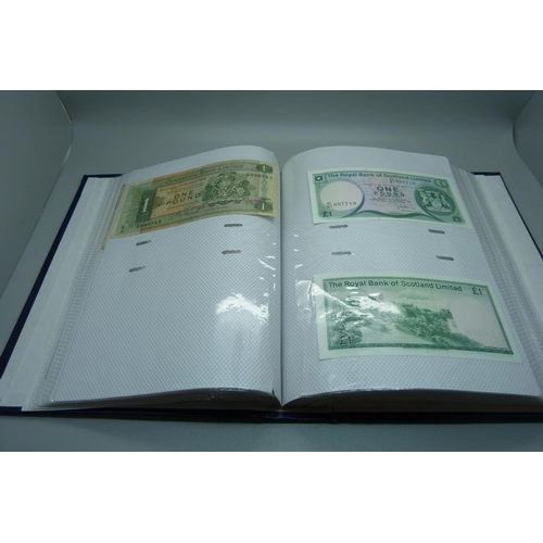 892 - An album of British bank notes, £1, 10 shillings, etc., (English, Scottish, Falkland Islands, Gibral... 