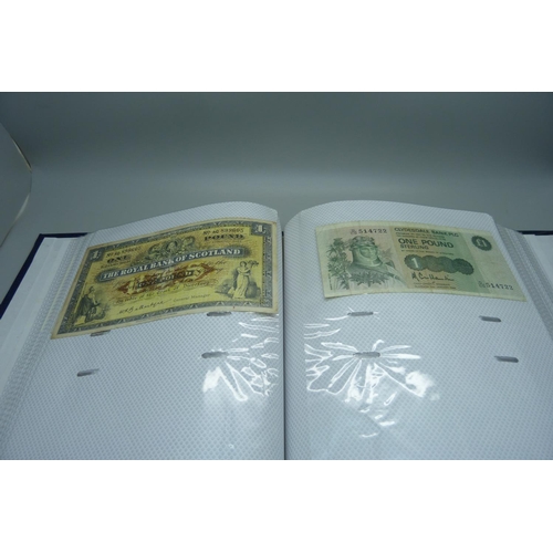 892 - An album of British bank notes, £1, 10 shillings, etc., (English, Scottish, Falkland Islands, Gibral... 