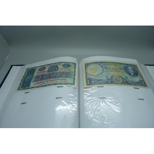 892 - An album of British bank notes, £1, 10 shillings, etc., (English, Scottish, Falkland Islands, Gibral... 