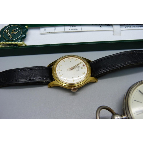 914 - A gentleman's Roamer wristwatch, a Bulova watch box and two silver pocket watches, a/f