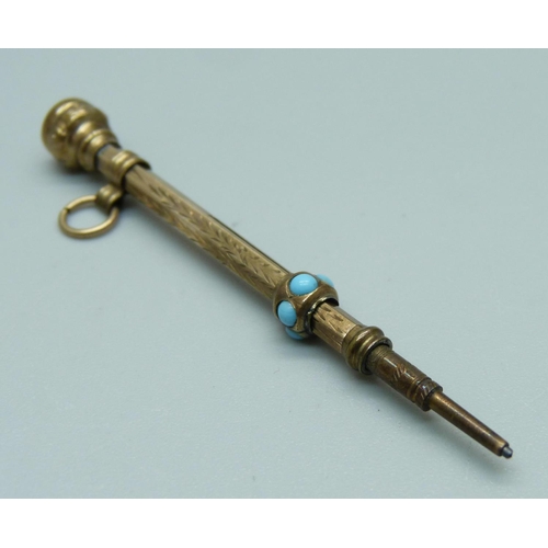 939 - A Victorian yellow metal propelling pencil set with turquoise, outer case tests as gold, 2.8g