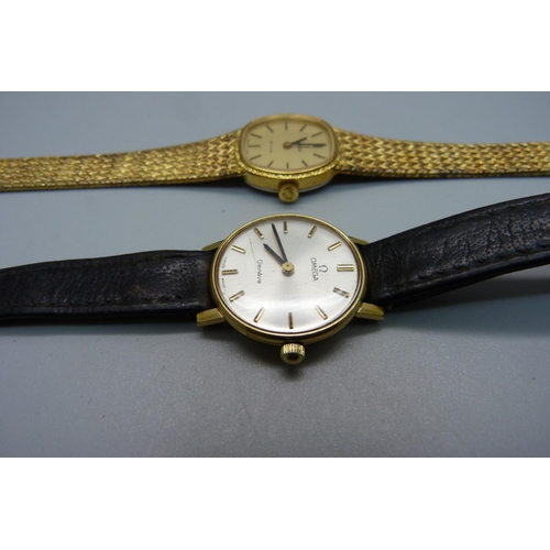 955 - Two lady's Omega wristwatches, one with bracelet stamped silver 925, the other with a leather strap ... 