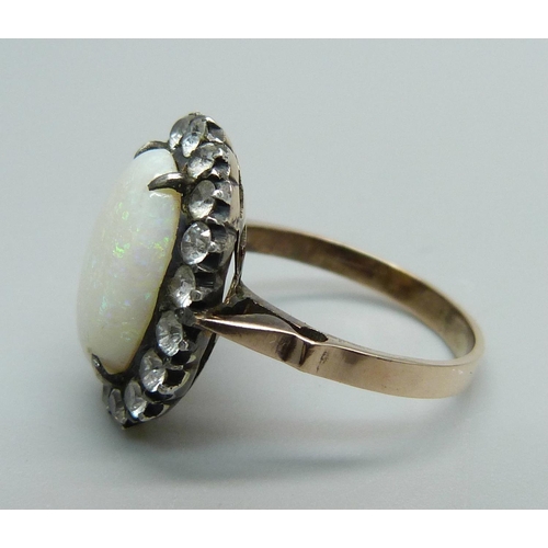 976 - A 9ct gold, opal and white stone cluster ring, 3.3g, L