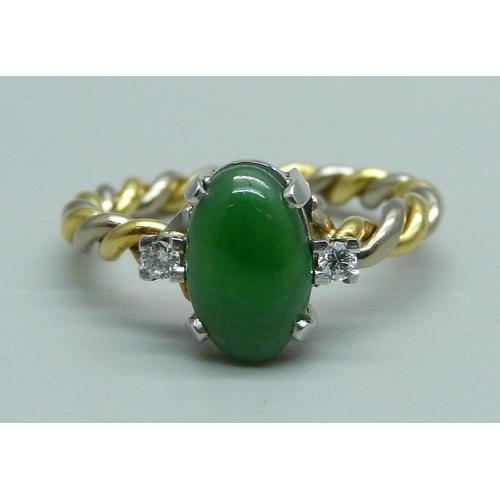 982 - An 18ct gold, jade and diamond ring, marked 750, 4g, M