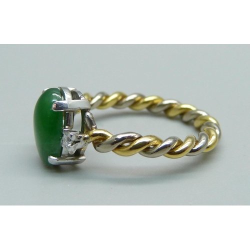 982 - An 18ct gold, jade and diamond ring, marked 750, 4g, M