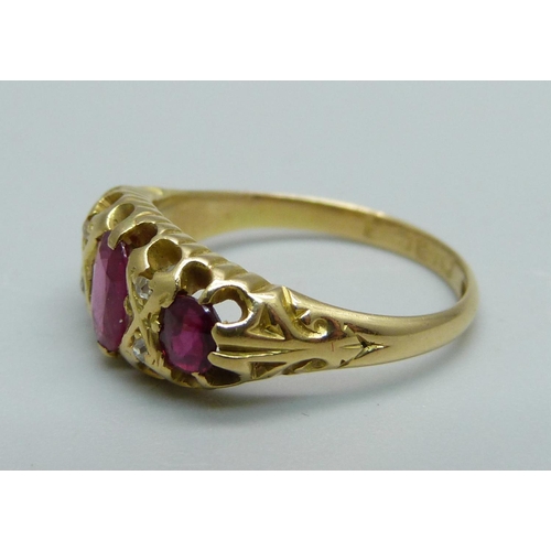 986 - An 18ct gold, ruby and diamond ring, Birmingham 1906, 3.6g, L