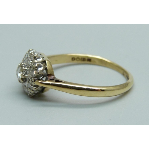 988 - An 18ct gold and diamond cluster ring, 3g, O