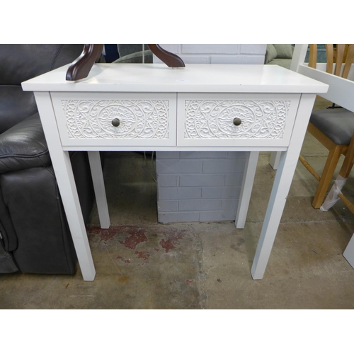 1408 - A white two drawer side table and a wooden wine table - marked